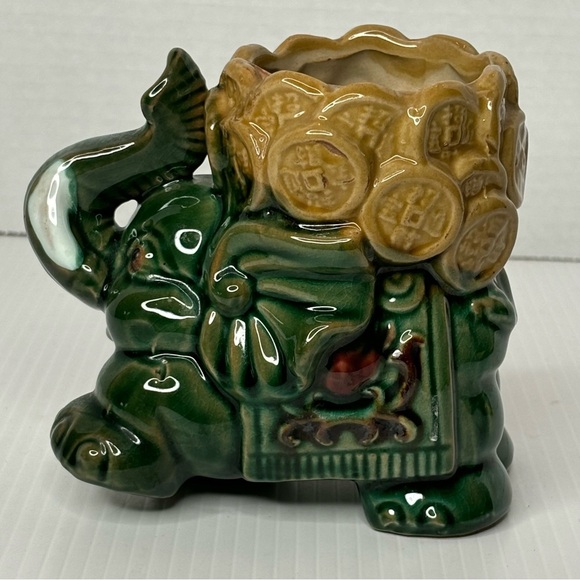 Good Luck Forest green Trunk Up Elephant With beige Coin Basket Planter 5” - Picture 2 of 9